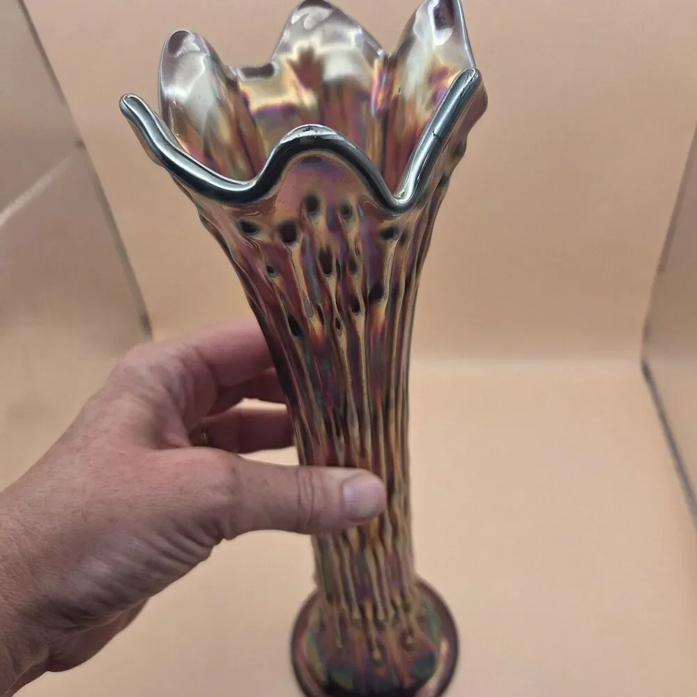 Iridescent Art Glass Ruffled Trumpet Vase Glossy Purple Multicolor 11